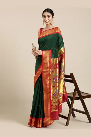 Varkala Silk Sarees Olive Green & Red Ethnic Motifs Zari Art Silk Paithani Saree