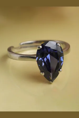 CLARA Silver-Toned & Blue Cubic Zirconia Stone Studded Adjustable Finger Ring