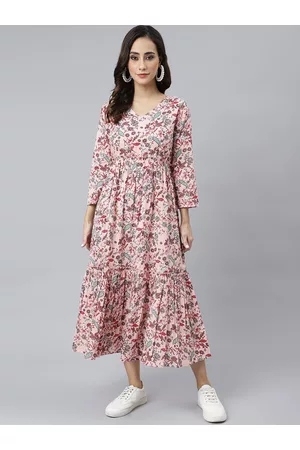 Janasya Women Peach Cotton Floral Block Print Flared Dress