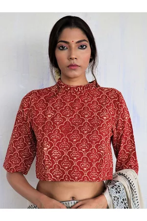 Chidiyaa Women Maroon Printed Cotton Saree Blouse