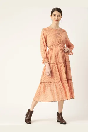 Antheaa Women Peach-Coloured & Brown Printed Fit and Flare Tiered Dress With Puff Sleeves