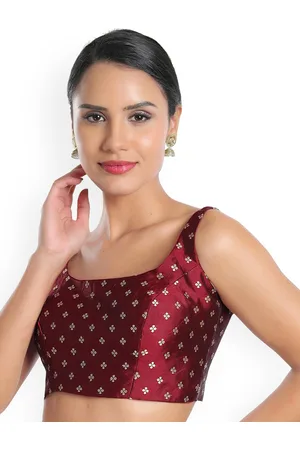 SALWAR STUDIO Women Maroon Woven Design Square Neck Silk Saree Blouse