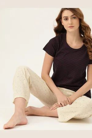 ETC Women Navy Blue & Red Pure Cotton Striped Lounge T-Shirt