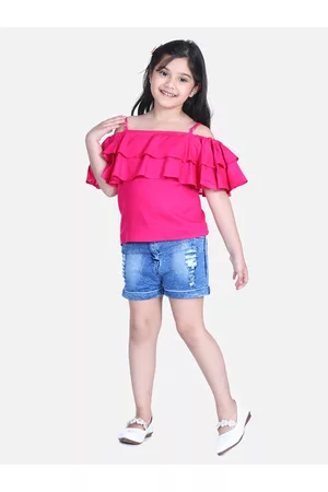 StyleStone Girls Pink & Blue Top with Shorts