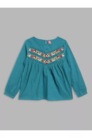 Blue Giraffe Girls Cotton Floral Embroidered Top