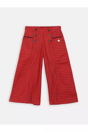Blue Giraffe Girls Red Regular Fit Striped Regular Trousers
