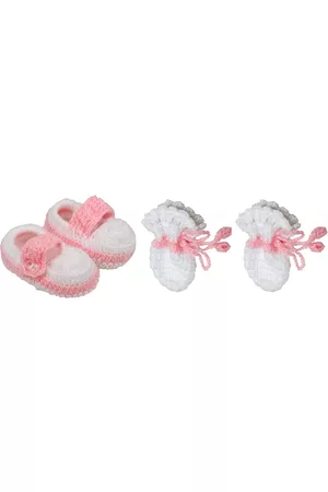 Superminis Infant Kids White & Pink Hand Knitted Booties With Mittens