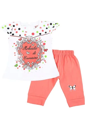 V-Mart Unisex Kids White & Peach-Coloured Printed Top with Trousers