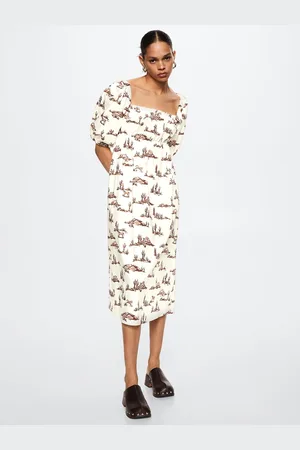 MANGO White & Brown Printed Pure Cotton A-Line Midi Dress