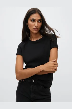 MANGO Women Black Pure Cotton T-shirt