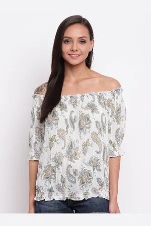 Mayra White & Green Floral Print Off-Shoulder Bardot Top