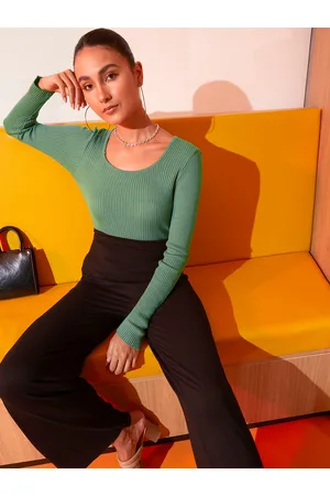 Chemistry Women Green Ribbed Square Neck Pullover