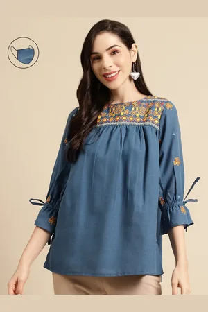 RANGMAYEE Blue Embroidered Gathered Tunic with Mask