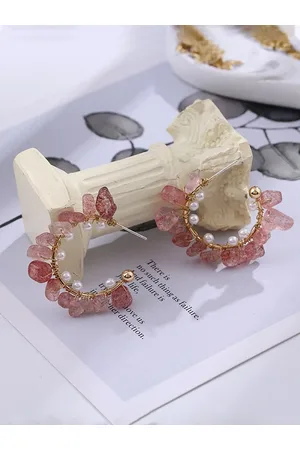 Yellow Chimes Women Pink & Gold-Toned Stone Studded Round Half Hoop Earrings
