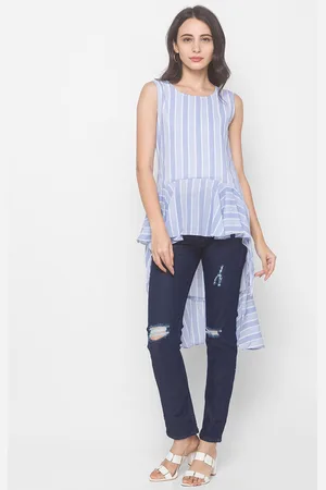 Globus Blue & White Striped High-Low Longline Top