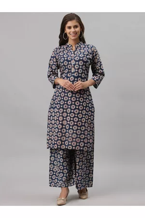 Get Glamr Women Blue Printed Regular Pure Cotton Kurta with Palazzos