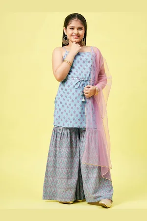 Stylo Bug Girls Blue Floral Printed Pure Cotton Kurta with Sharara & With Dupatta