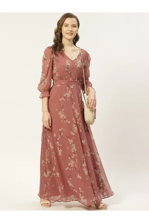 Antheaa Dusty Pink Floral Print Embellished Maxi Dress
