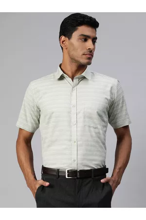 MANQ Men Mint Green & White Smart Horizontal Striped Formal Shirt