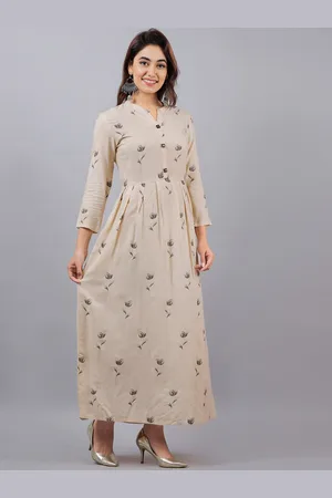 DORIYA Women Beige Floral Printed Cold-Shoulder Sleeves Thread Work Floral Kurta