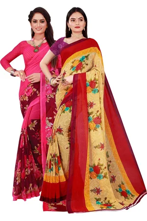 Kalini Pack Of 2 Women Beige & Pink Printed Pure Georgette Saree With Unstitched Blouse