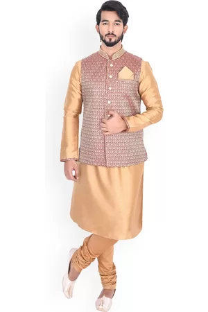 MANU Men Beige & Maroon Solid Kurta with Churidar & Nehru Jacket