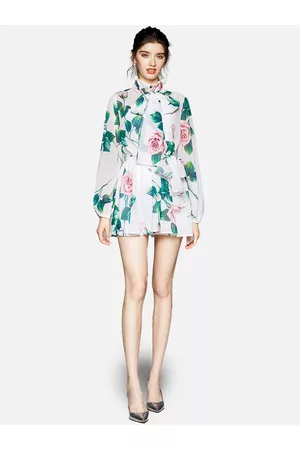 JC Collection Women White & Green Floral Tie-Up Neck Mini Dress