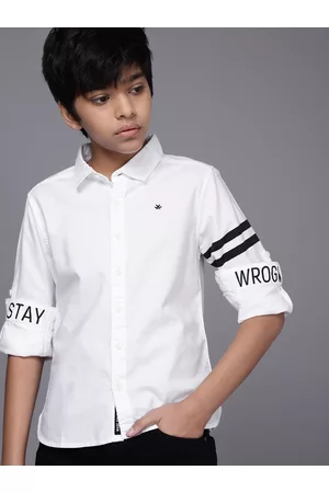 WROGN Boys White Slim Fit Solid Opaque Pure Cotton Casual Shirt