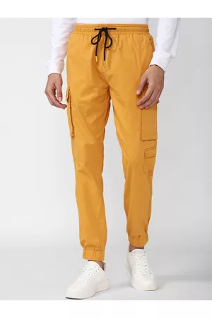 Forever 21 Men Yellow Solid Cotton Joggers Trousers