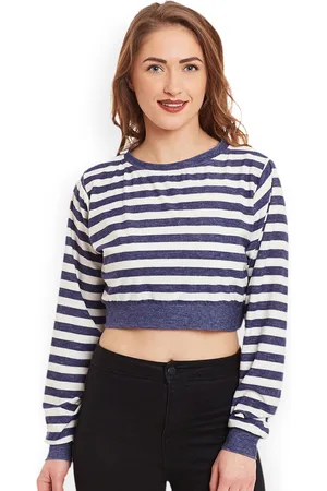 Miss Chase Women Blue & Off-White Striped Boxy Crop Pure Cotton Top