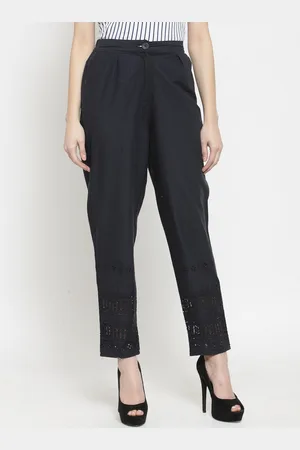 Sera Women Navy Blue Tapered Fit Solid Cigarette Trousers