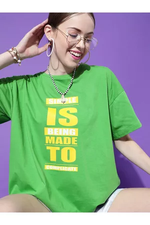 STREET 9 Women Green Typography Printed Drop-Shoulder Sleeves Oversized Cotton T-shirt