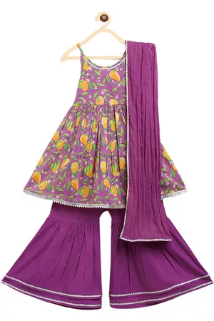 Tiber Taber Girls Purple Floral Printed Empire Pure Cotton Kurti with Sharara & With Dupatta