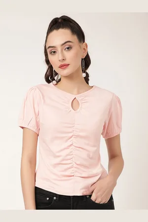 Elle Women Pink V-Neck Extended Sleeves T-shirt