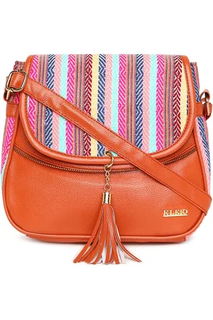 KLEIO Tan Orange Jacquard Half Moon Sling Bag with Tasselled