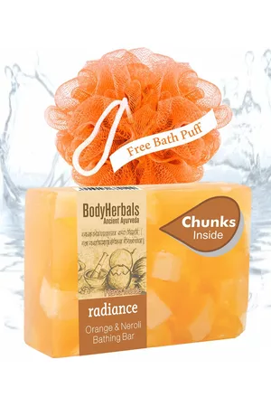 BodyHerbals Radiance Orange Neroli Soap Bar with Natural Chunks 100 g & Free Bath Puff
