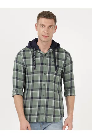 Lee Men Green Slim Fit Tartan Checked Hooded Casual Cotton Shirt