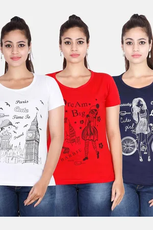 Fleximaa Women Navy Pack Of 3 Printed Cotton T-shirt