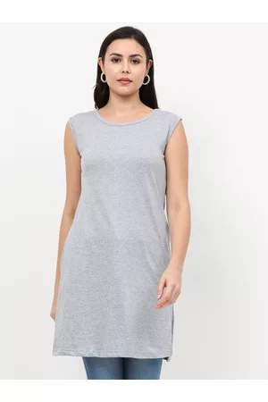 Fleximaa Women Grey Pure Cotton Longline Top