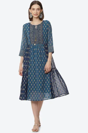 Rangriti Women Blue Ethnic Motifs Tie-Up Neck Midi Dress