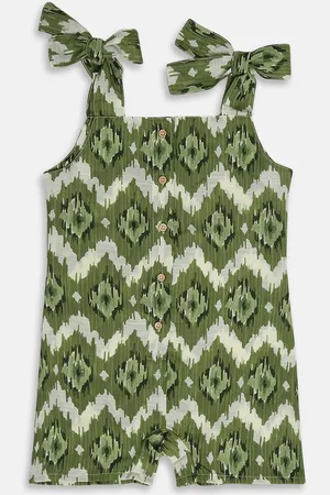 am ma Girls Olive Green & Off White Printed Rompers