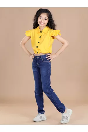 Cutiekins Girls Yellow Solid Cotton Shirt Style Crop Top
