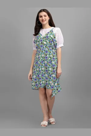 GUFRINA Women Sea Green & Blue Floral Crepe Pinafore Dress
