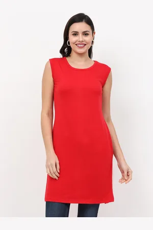 Fleximaa Women Red Solid Round Neck Sleeveless Longline Top