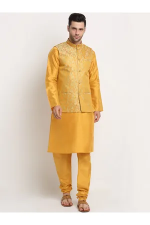 Kraft Men Mustard Kurta and Churidar with Nehru jacket