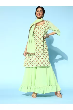 Chhabra 555 Sea Green Poly Georgette Short Kurti with Sharara