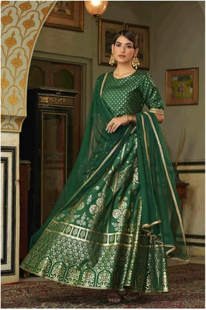 Juniper Women Green & Gold-Toned Foil Printed Lehnga & Blouse With Dupatta