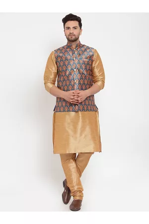 Kraft Men Gold-Toned Regular Dupion Silk Kurta with Churidar & Printed Nehru Jacket