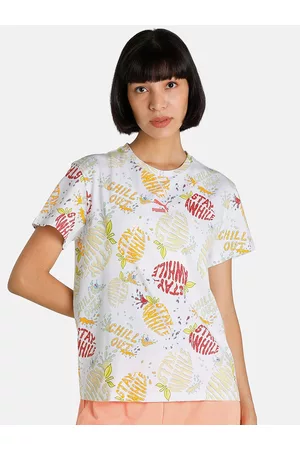 PUMA Women White & Red Summer Squeeze AOP Typography Printed T-shirt