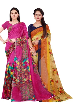 Florence Pack Of 2 Magenta & Beige Floral Pure Georgette Saree With Unstithed Blouse